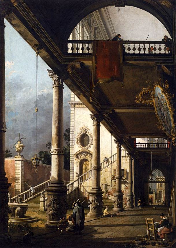 Giovanni Antonio Canal,  CANALETTO - A Capriccio of a Colonnade Opening onto a Courtyard of a Palace | MasterArt